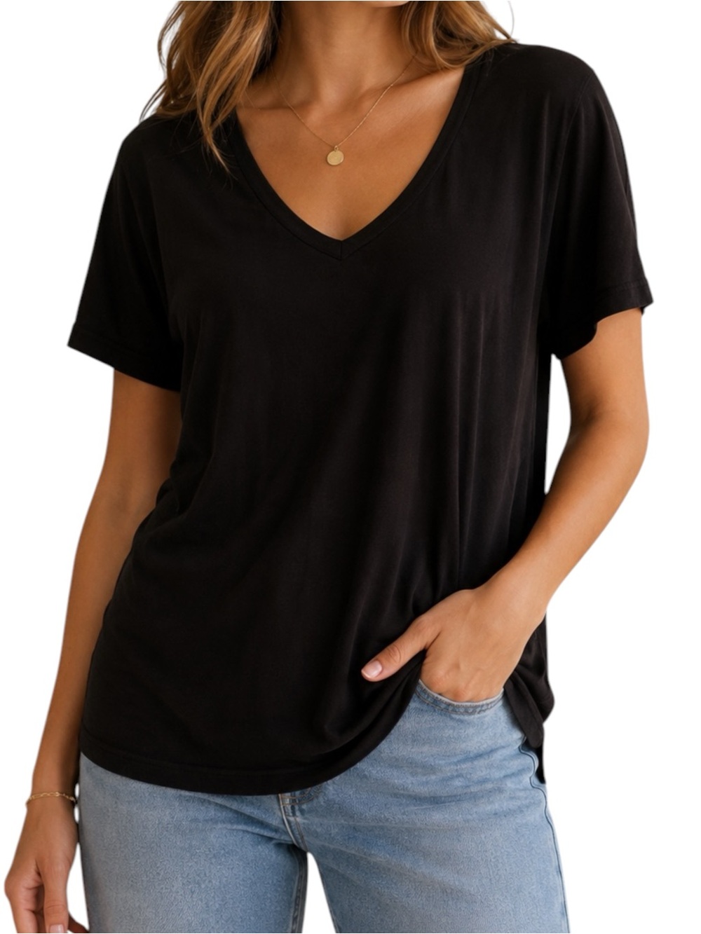 MICHAEL STARS Black V Neck Relaxed Modal Cotton Essential Tee Top Large